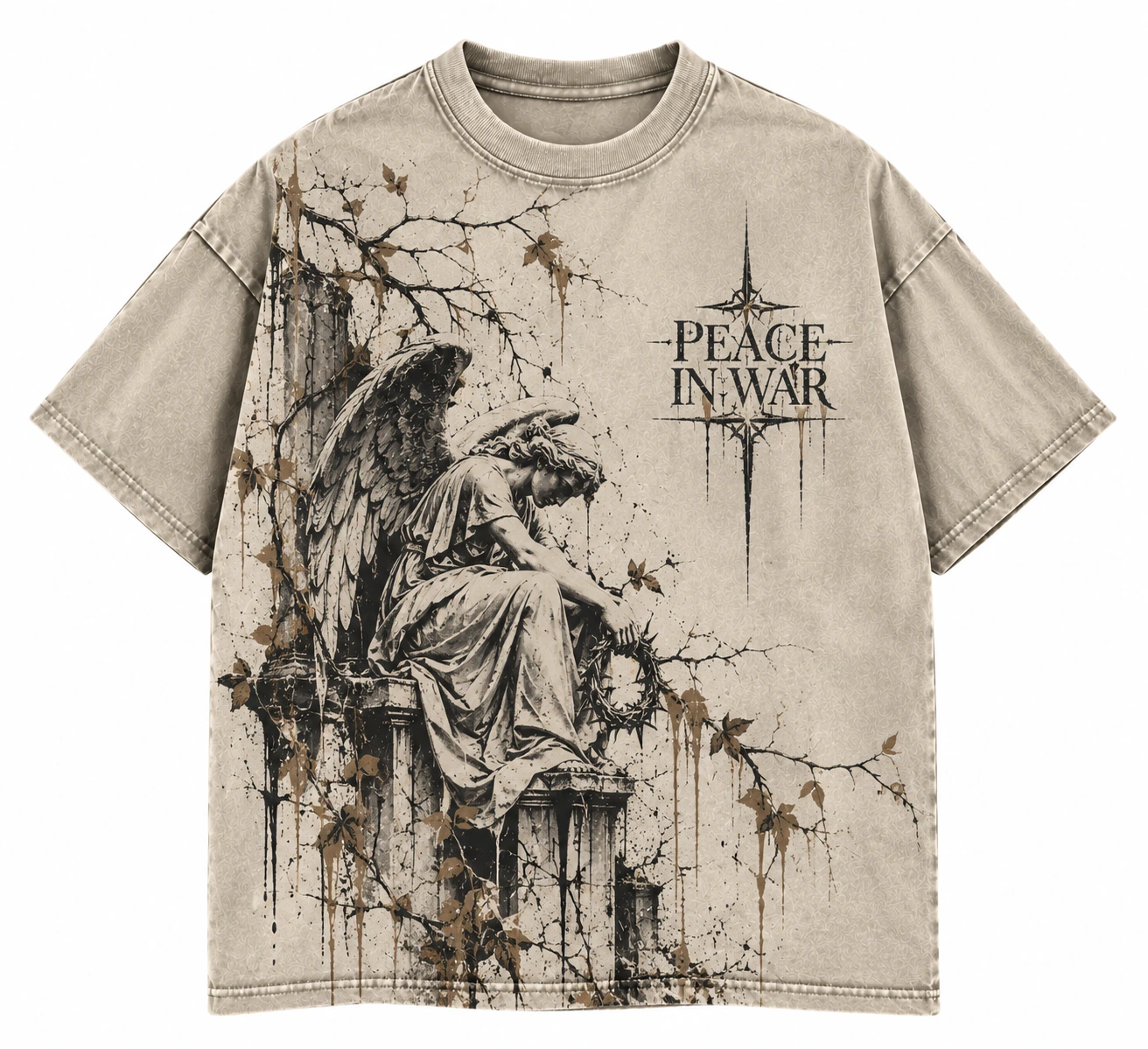 03e9ab7b-956d-42dc-a7e6-a762b4e5 Peace In War Fallen Angel Crown of Thorns T-Shirt Vintage Beige
