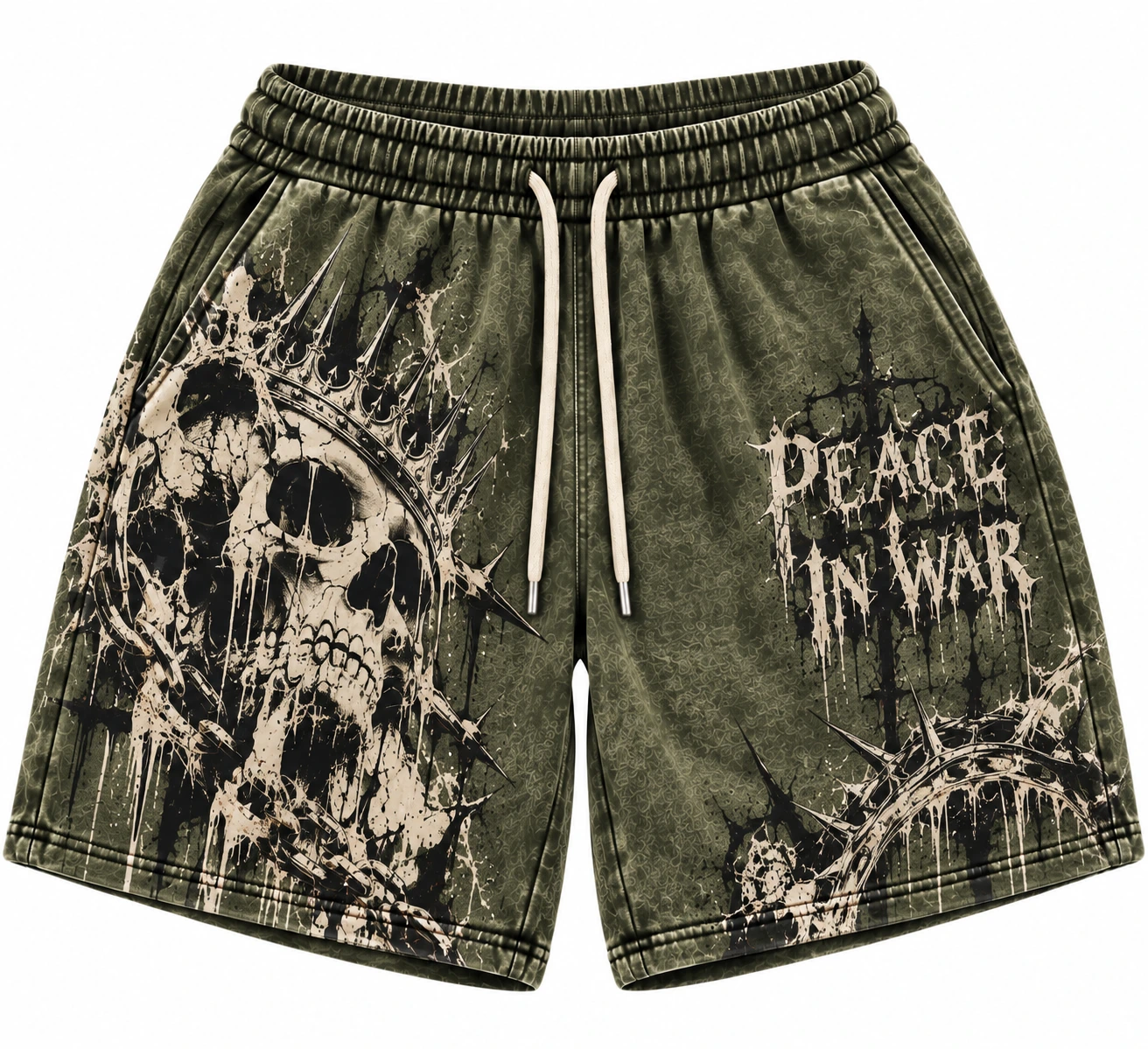 2985a41e-1cd0-47ea-b988-c6e4beaf Peace In War Broken King Skull Graphic Shorts Washed Forest Green