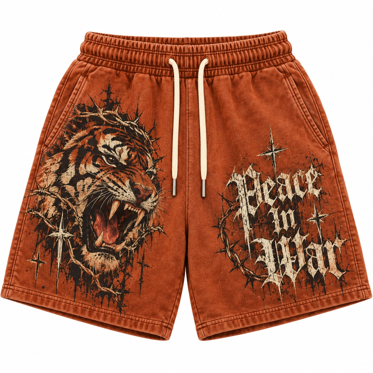 3d294584-4b83-4ed7-aa46-f9a1451a Peace In War Tiger Thorn Shorts – Rust Orange