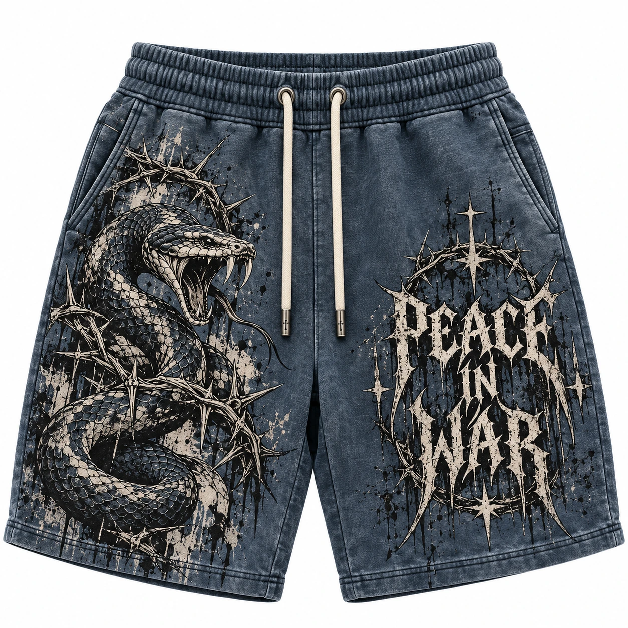 80722e75-16d4-437d-8006-405ea3fa Peace In War Snake Thorn Shorts – Washed Blue