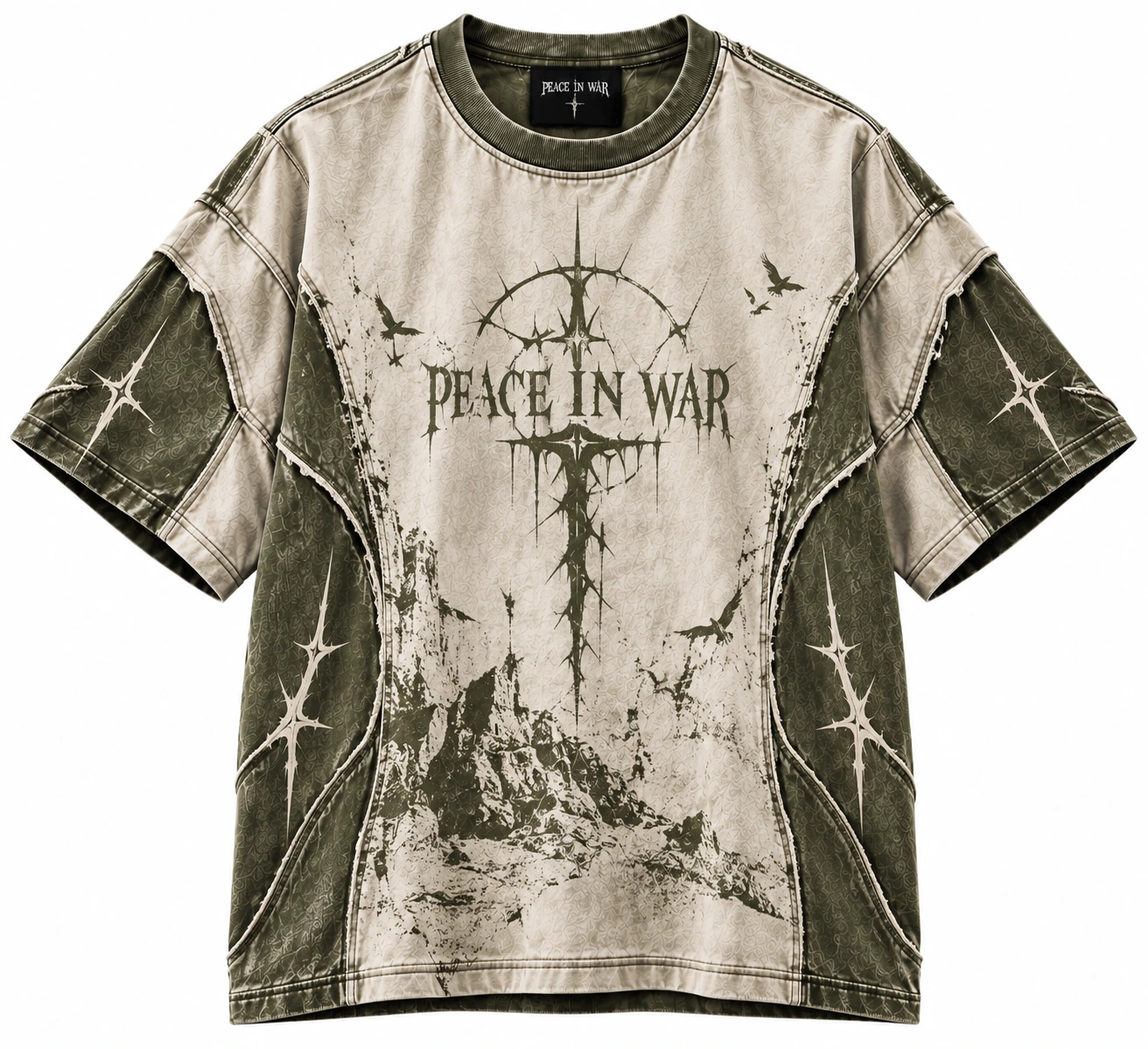 82dd2227-646d-4f68-9938-013b29cf Peace In War Fallen Kingdom Oversized T-Shirt Vintage Cream & Olive