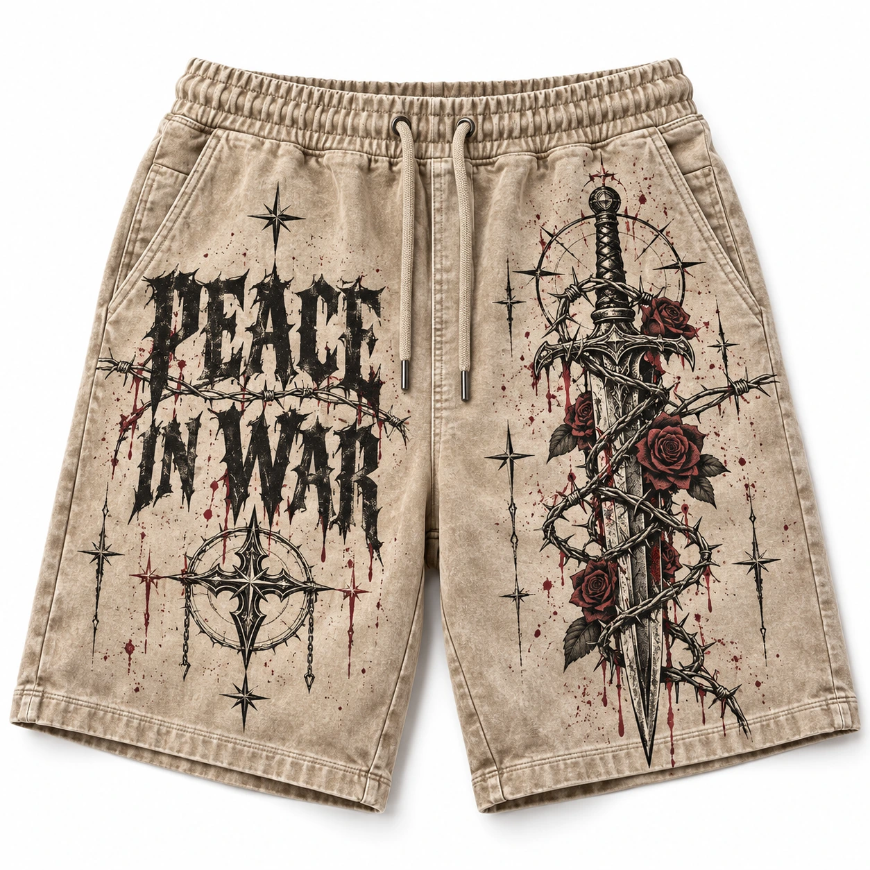 b24d6dbf-d079-40f7-8675-2a31913f Peace In War Dagger & Rose Graphic Shorts Vintage Sand
