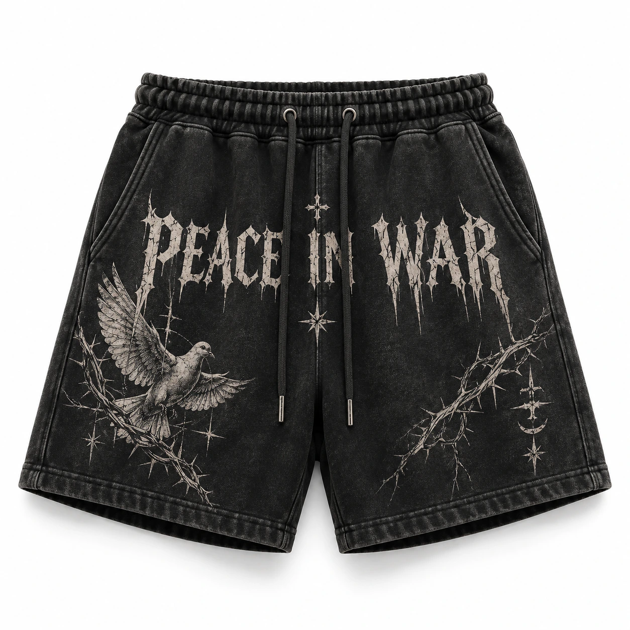d0c84c32-925f-49a2-ba51-eb2cb906 Peace In War Gothic Dove & Thorns Shorts Washed Black