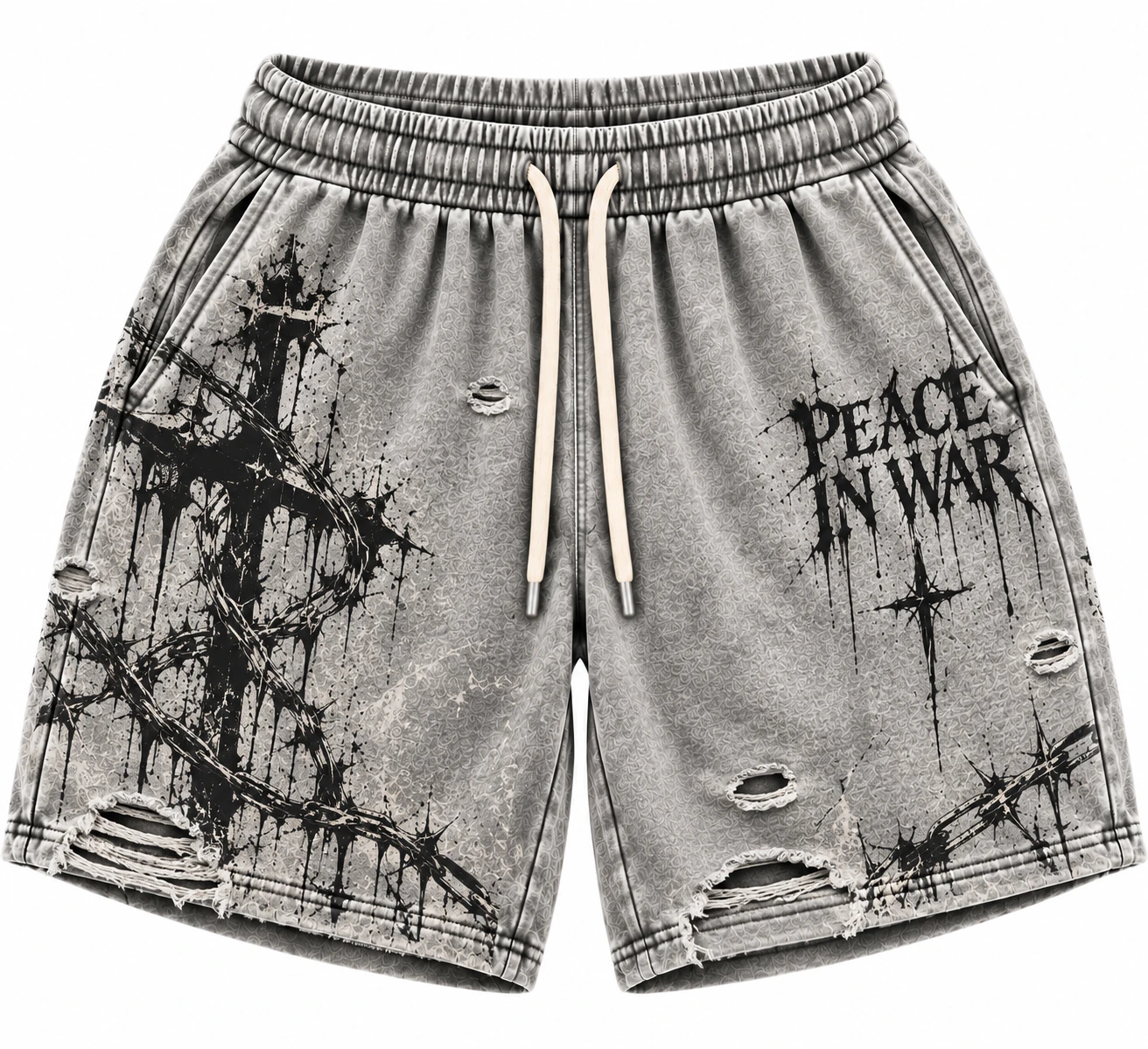 e813186e-22fe-4809-9471-22967856 Peace In War Thorn Distressed Shorts – Gray