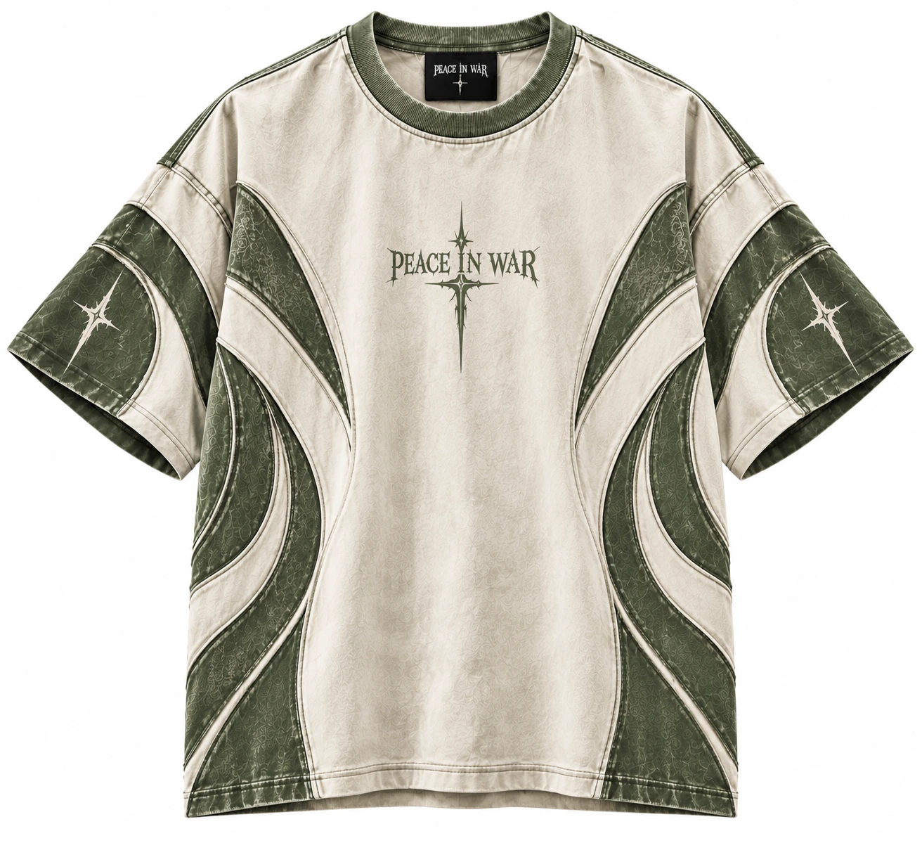 eaae7aef-7c5e-4ee8-8aa8-03cd452b Peace In War Wave Panel Oversized T-Shirt Cream & Olive Green