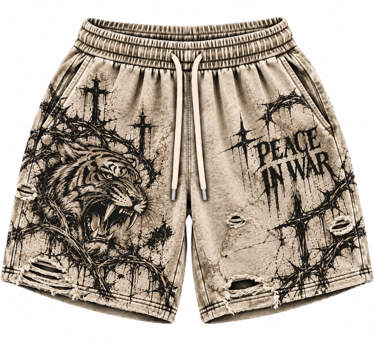 f0ac2405-0d34-4864-ae60-03e39587 Peace In War Tiger Distressed Shorts – Beige